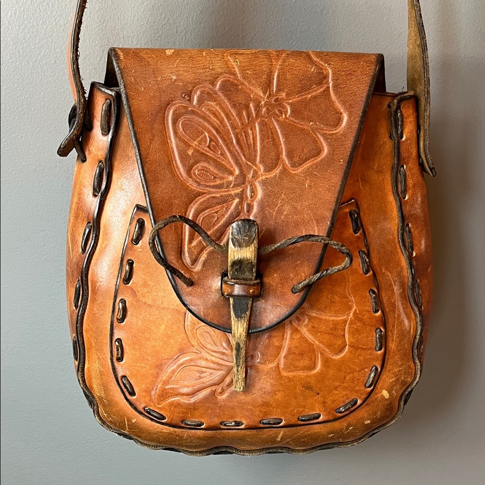 70’s Handcrafted Burnished Brown Leather Crossbody Bag